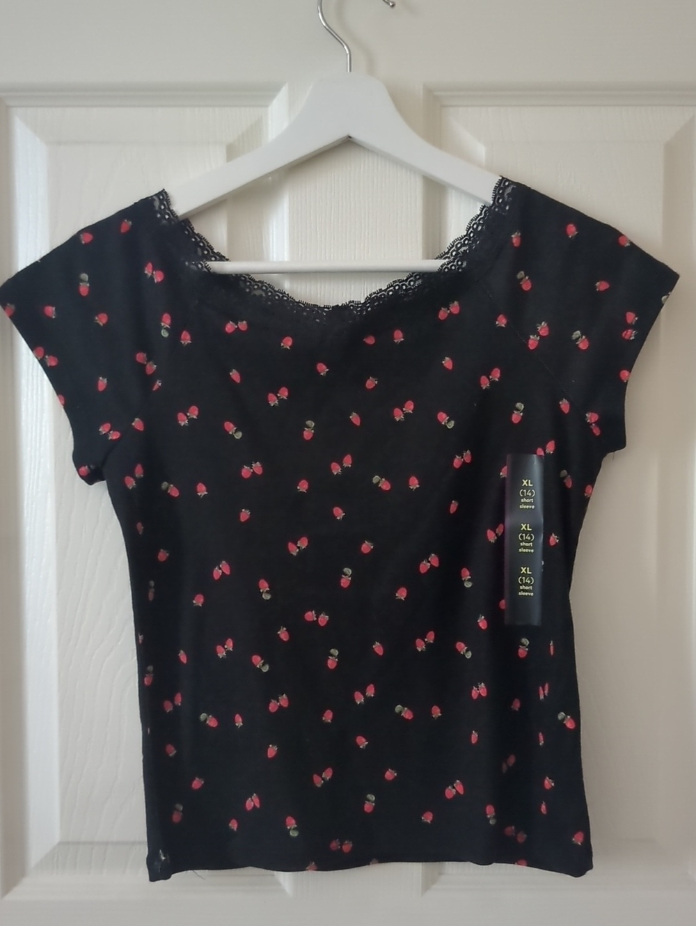 art class Black Short Sleeve Top with Red Strawberry Print